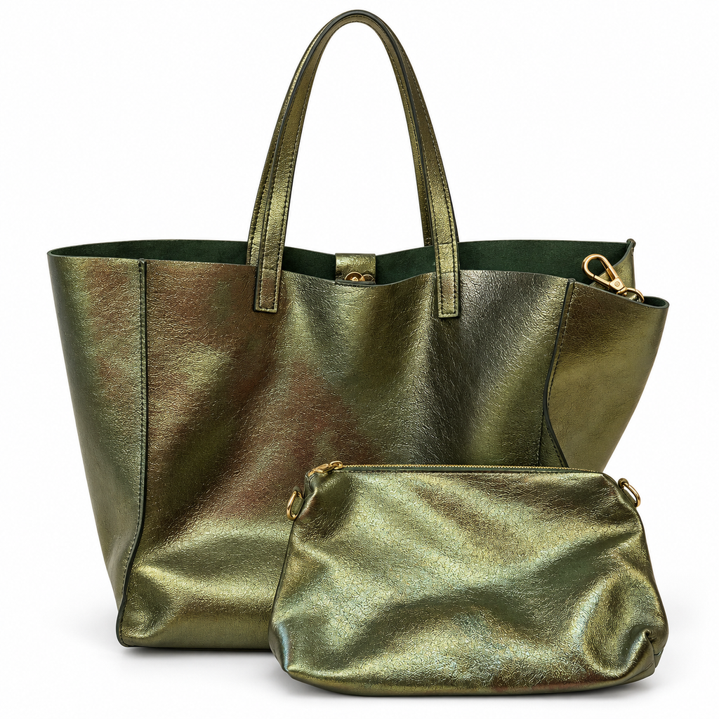 Grand sac cabas en cuir irisé femme avec pochette assortie
