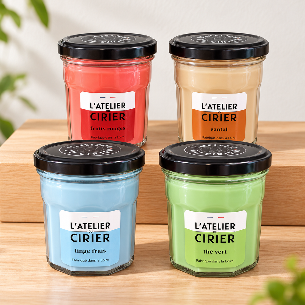 Bougie artisanale en pot de confiture avec couvercle noir et cire colorée